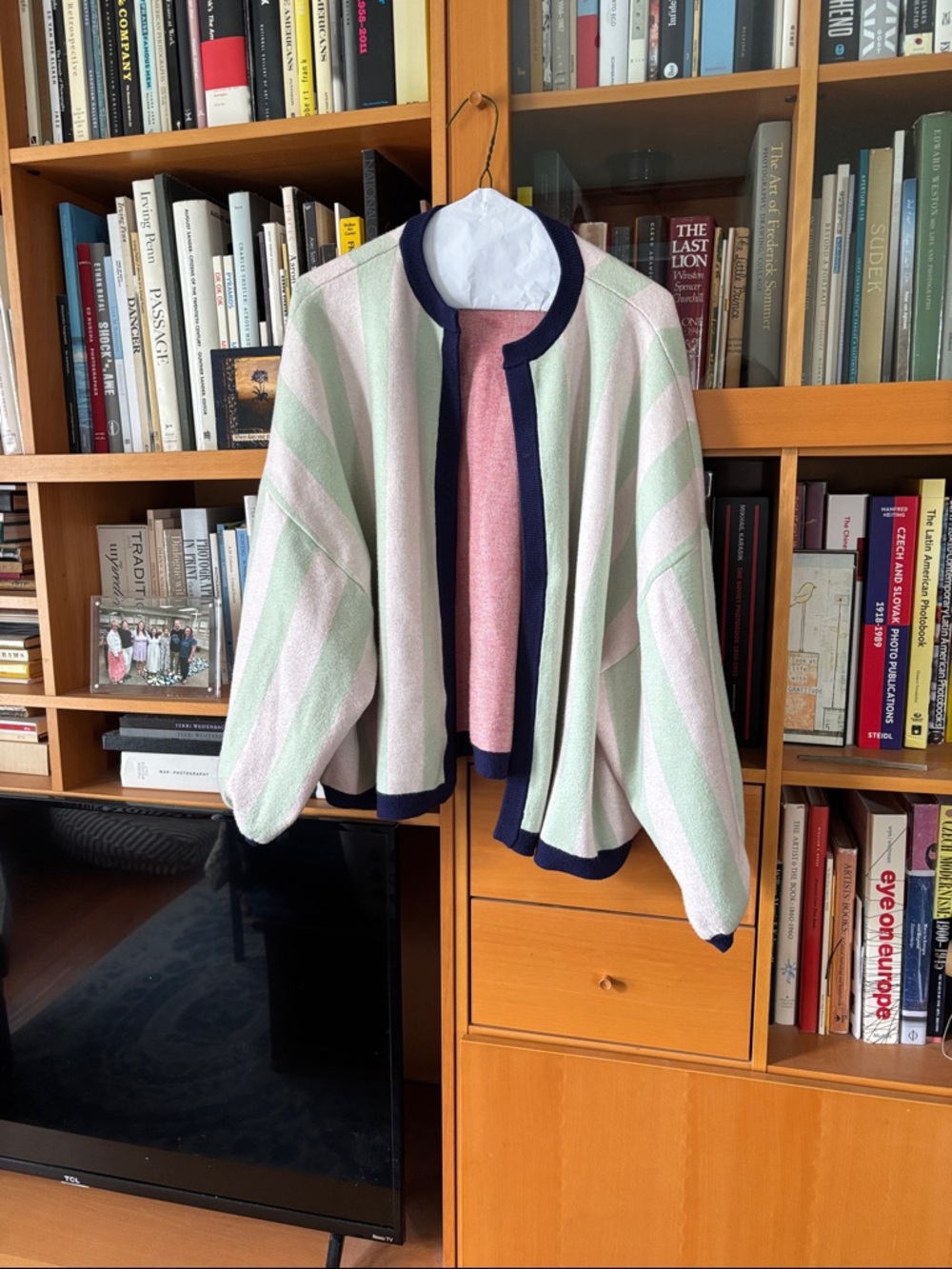 Pastel Striped Open-Front Cardigan with Navy Trim